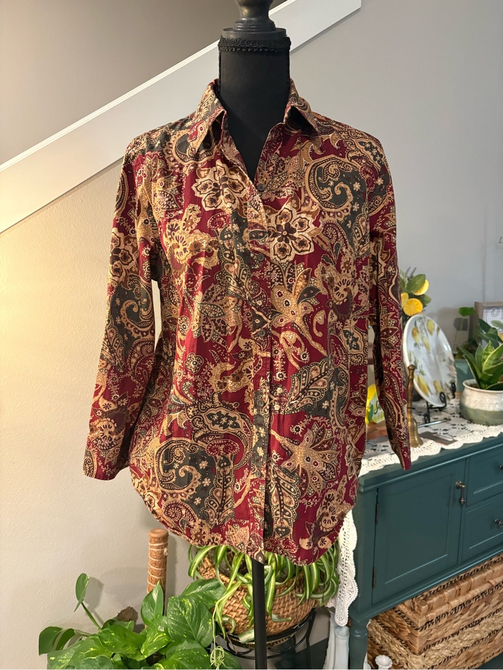 Chaps Paisley Button-Down Shirt in Burgundy, Olive and Gold